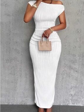 Elegant Off-Shoulder White Ribbed Maxi Dress. Plus Size Available